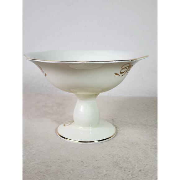 Teleflora Candy Dish Pedestal Bowl 5" Ivory Gold Trim Compote Dish 80s Korea - Picture 6 of 13